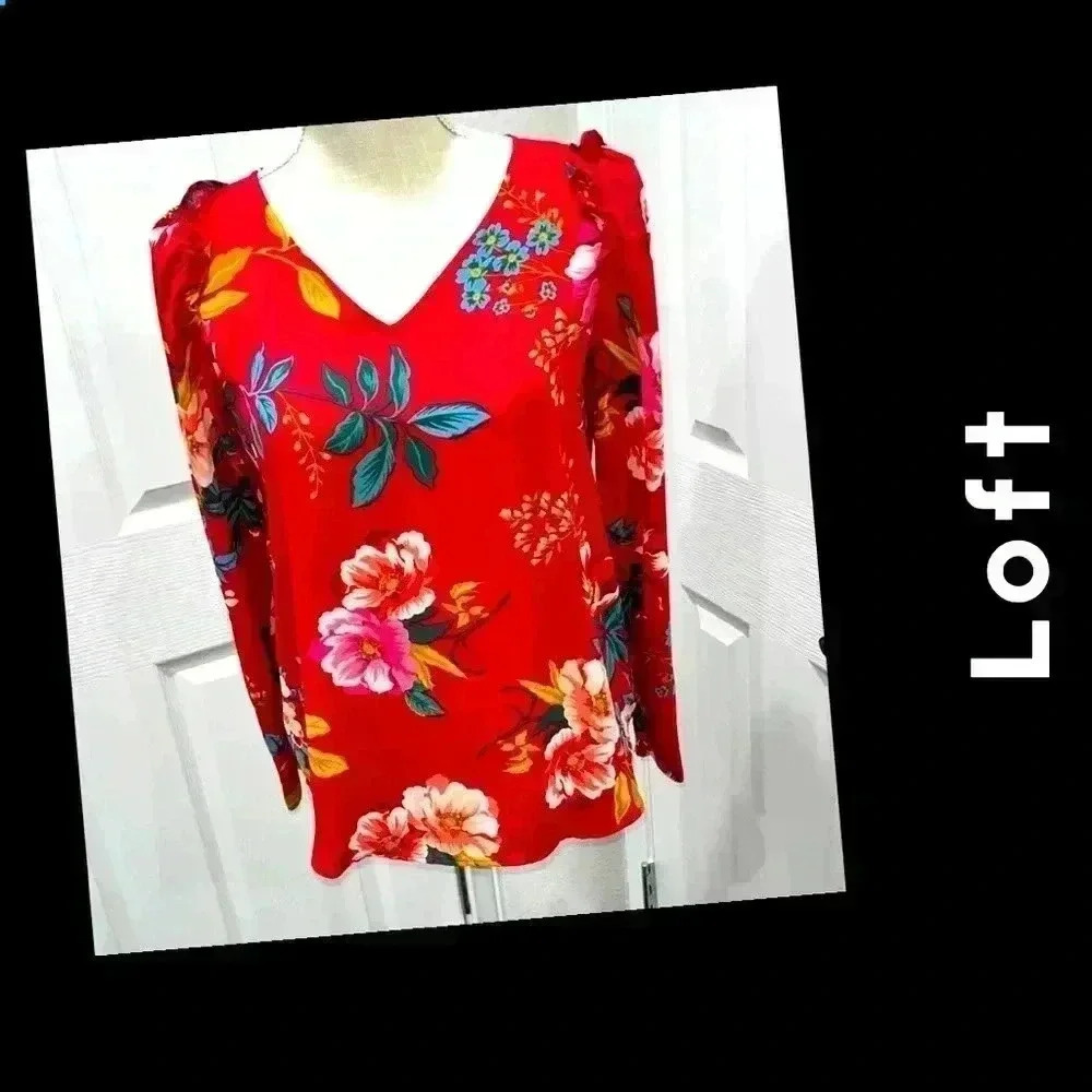 Loft Floral Lightweight Long Sleeve Ruffle detail Shirt blouse popover v- neck